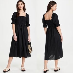 Playa Lucila Romantic Poplin Black Smocked Short Sleeve Midi Puff Sleeve Dress